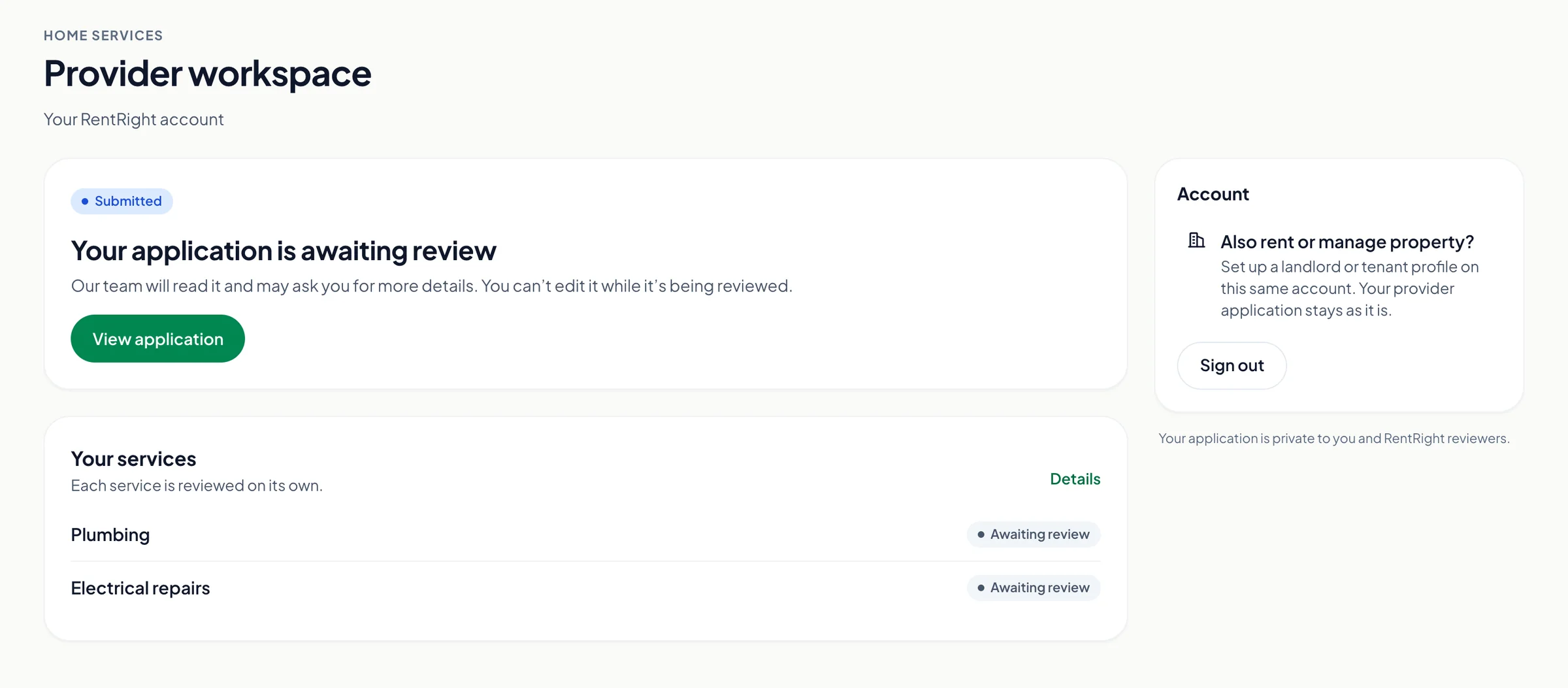 The RentRight provider workspace: an application awaiting review, with each service listed separately.