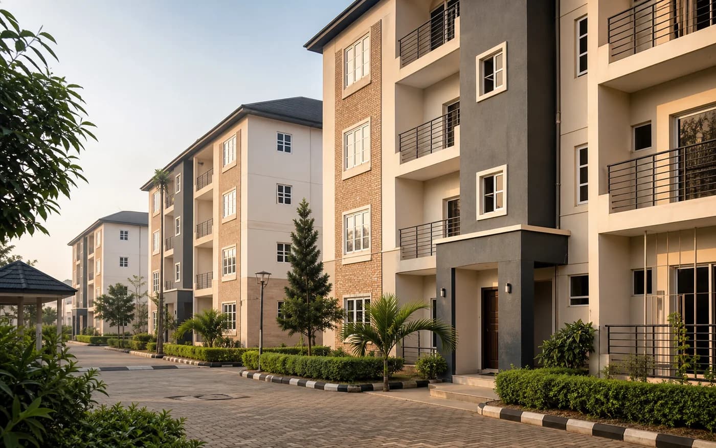 Modern apartment block used to represent managed rental units