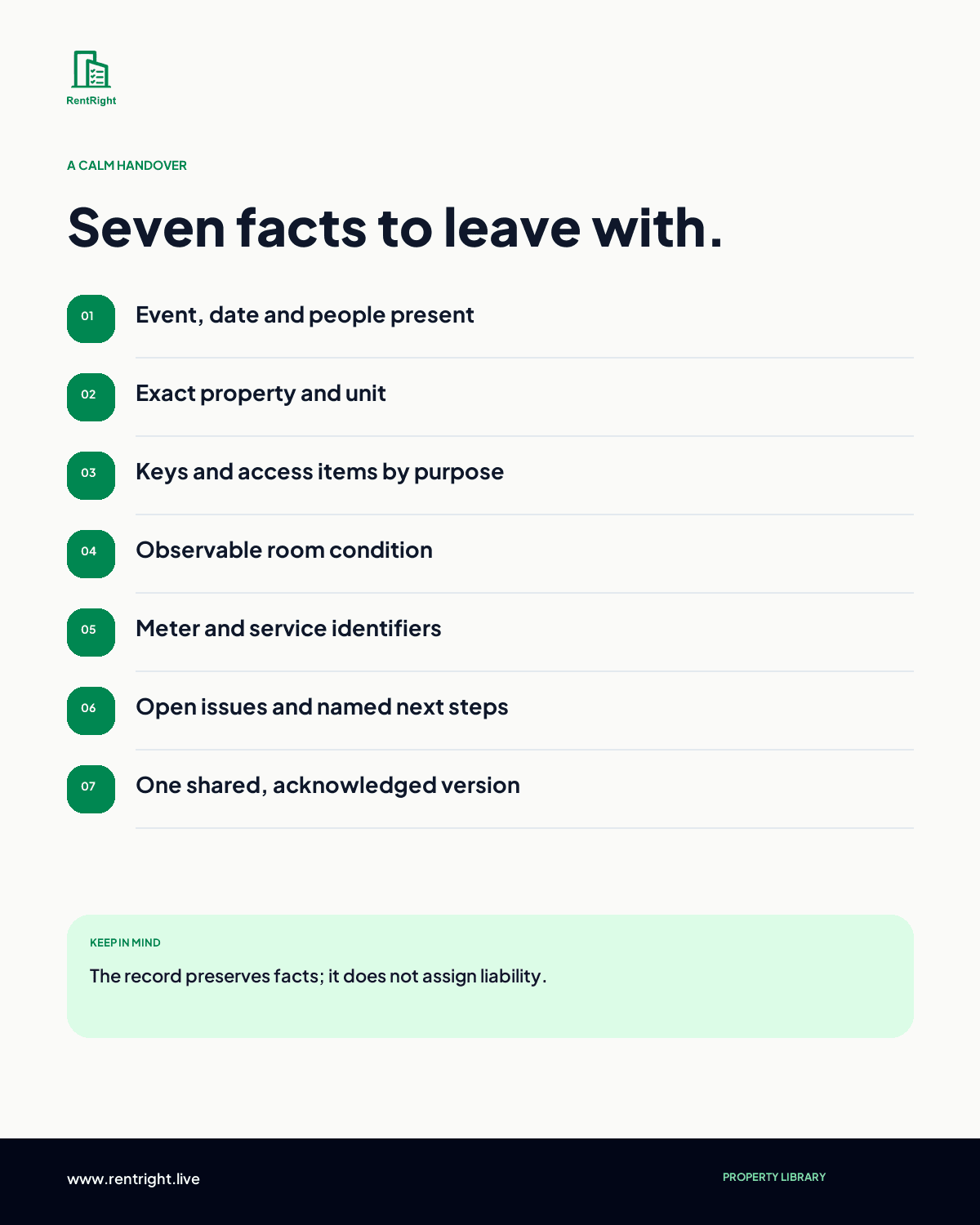 A seven-step sequence for a calm rental handover.