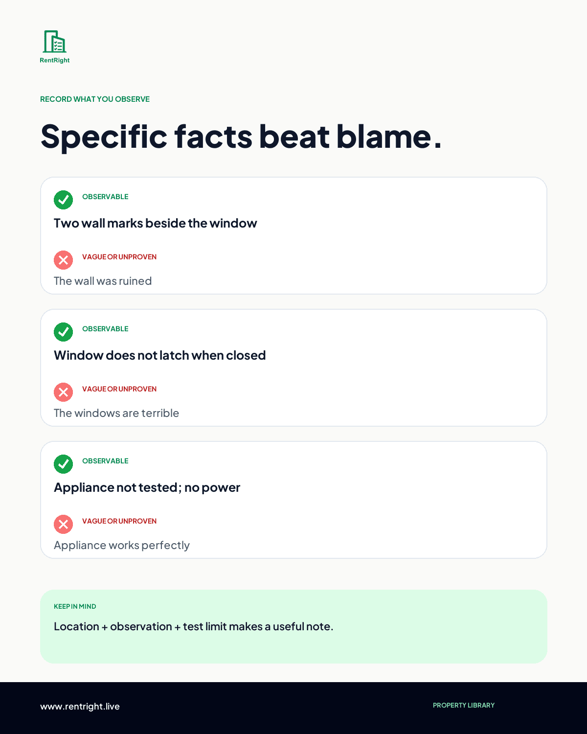 Examples of neutral, observable handover wording instead of blame or vague labels.