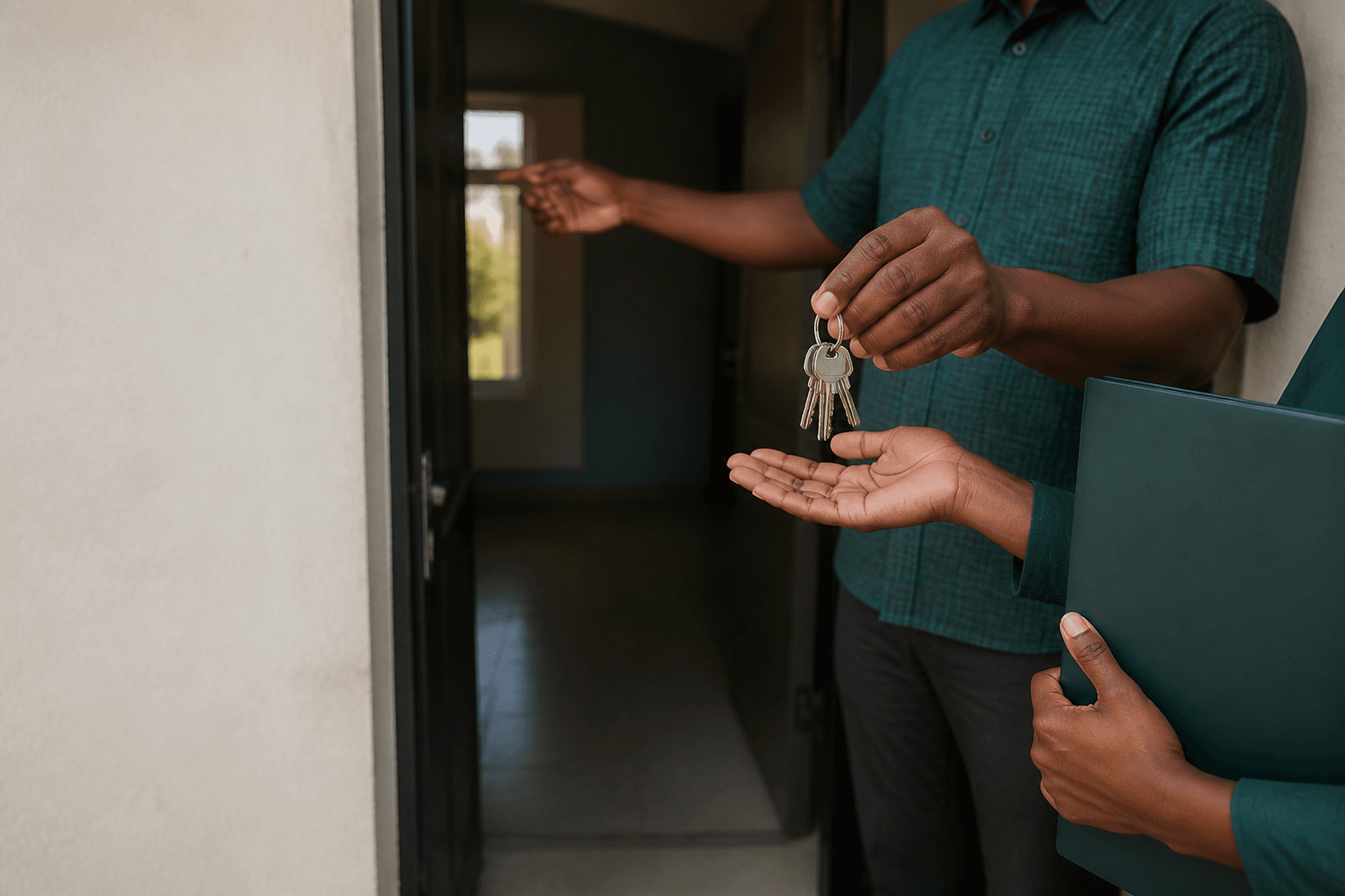 A landlord or manager passes ordinary apartment keys to a tenant at the doorway of a modest Nigerian rental home.