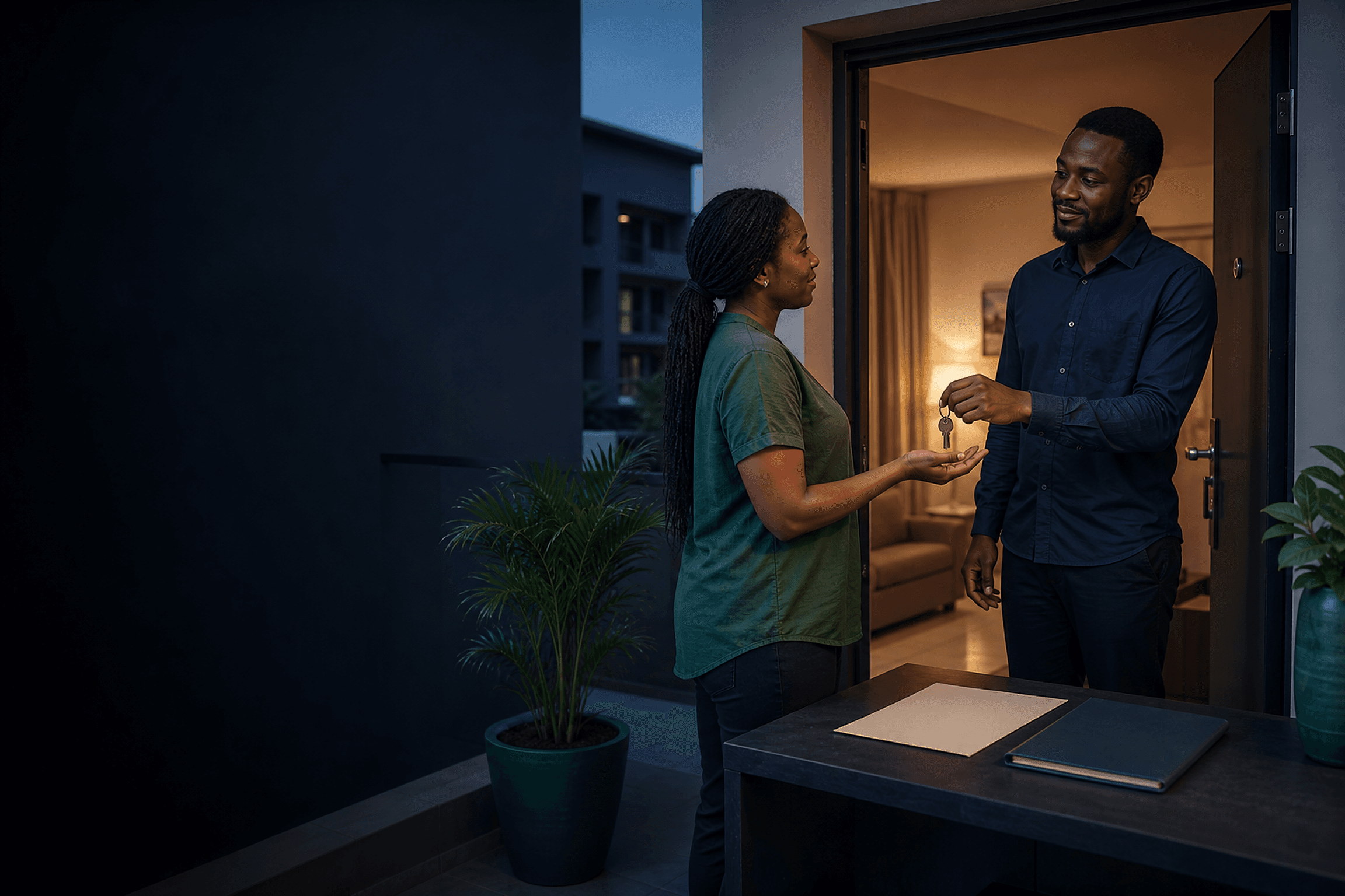 A landlord and tenant exchange apartment keys beside a blank record sheet at a Nigerian rental home.