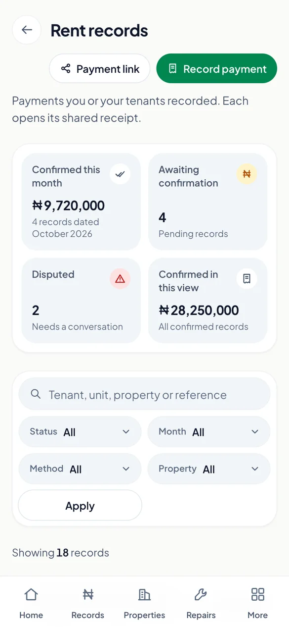 RentRight rent records with confirmed, pending and disputed payments.