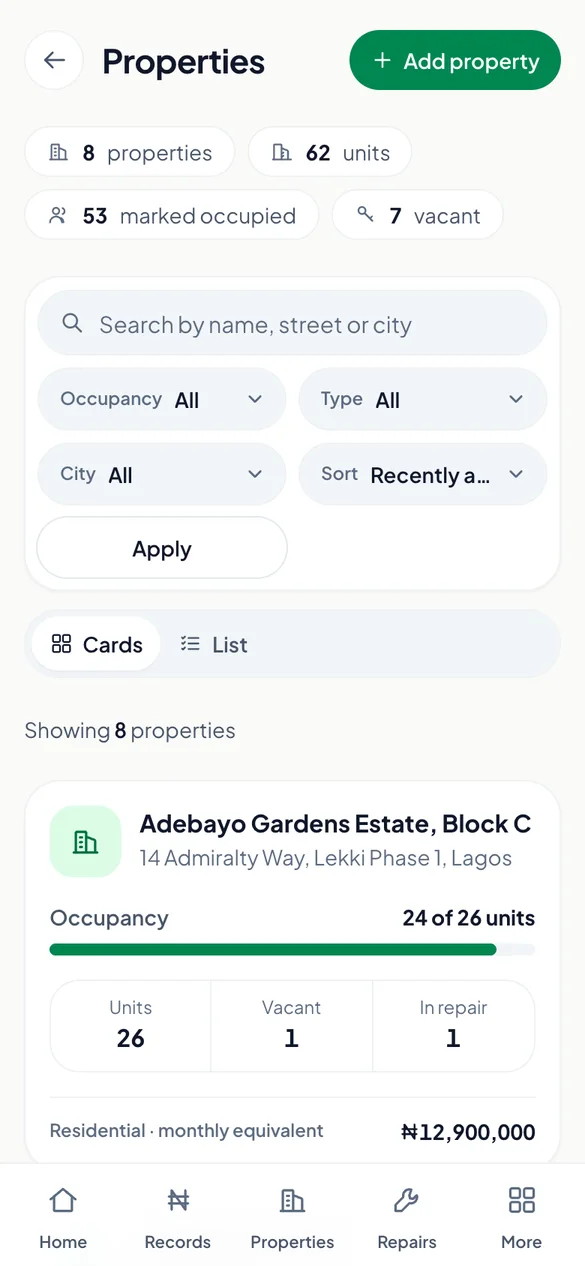 RentRight properties list showing occupancy, vacant units and repairs for each building.