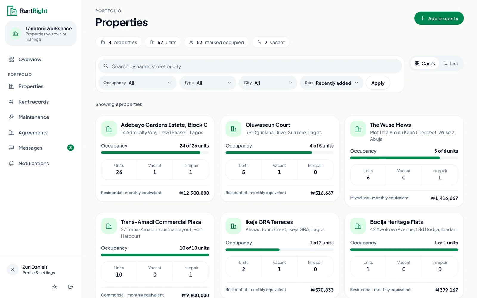 RentRight properties list showing occupancy, vacant units and repairs for each building.