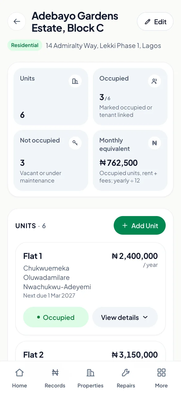A property in RentRight with its units, tenants, rent amounts and next due dates.