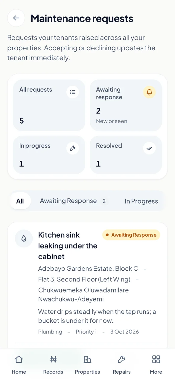 RentRight maintenance requests from tenants across several properties.