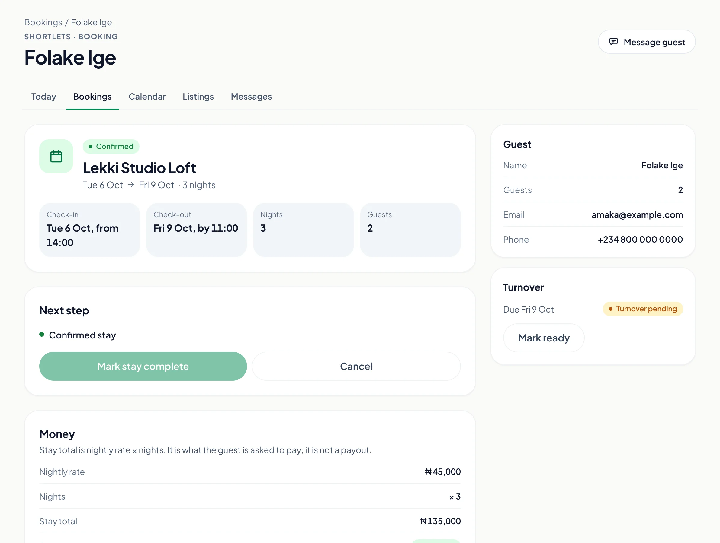 A RentRight Shortlets booking with dates, guests, the next step and the money breakdown.