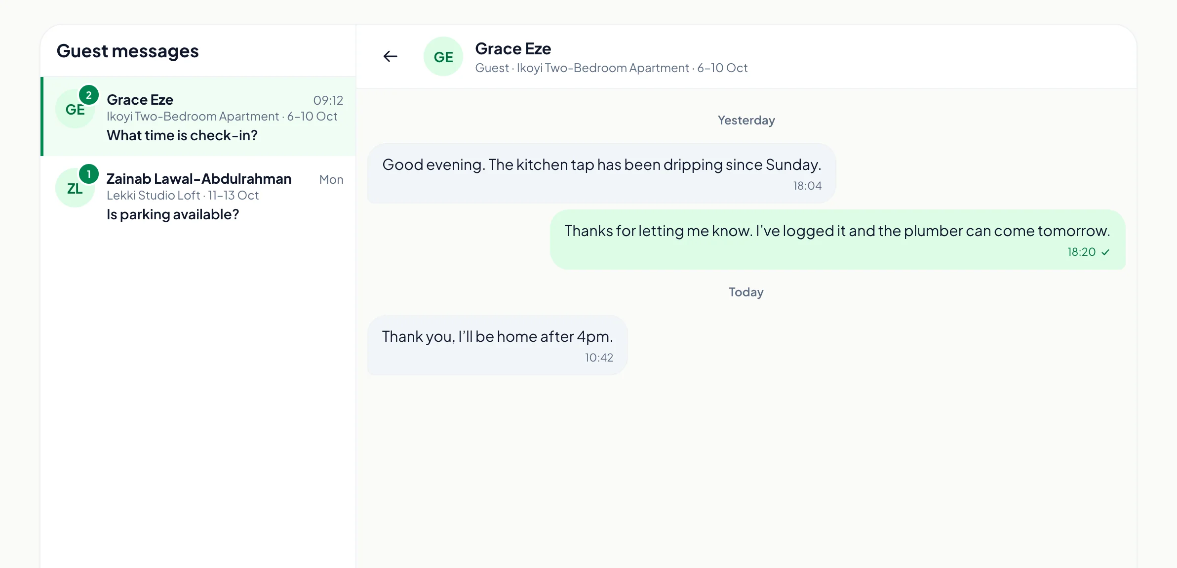 RentRight guest messages: a conversation with a guest about a stay.